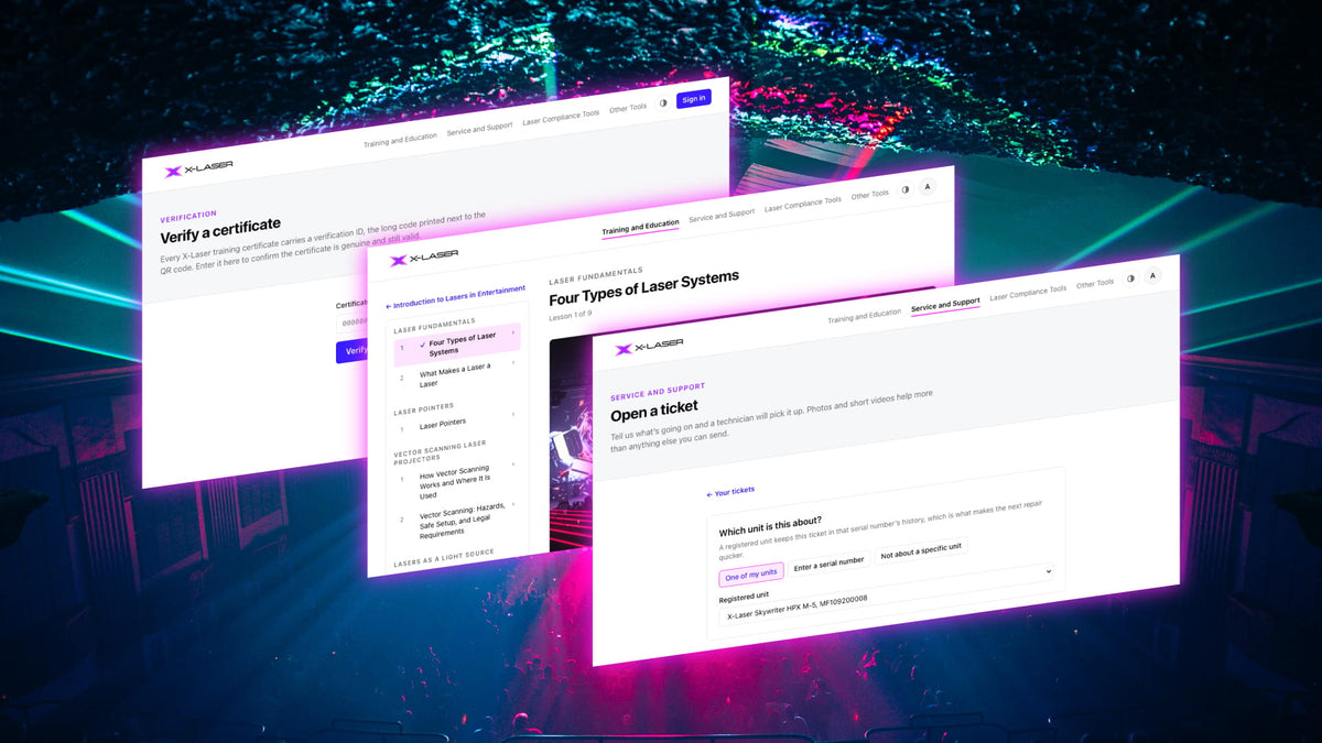 X-Laser Hub: certificate verification, laser training lessons and support tickets